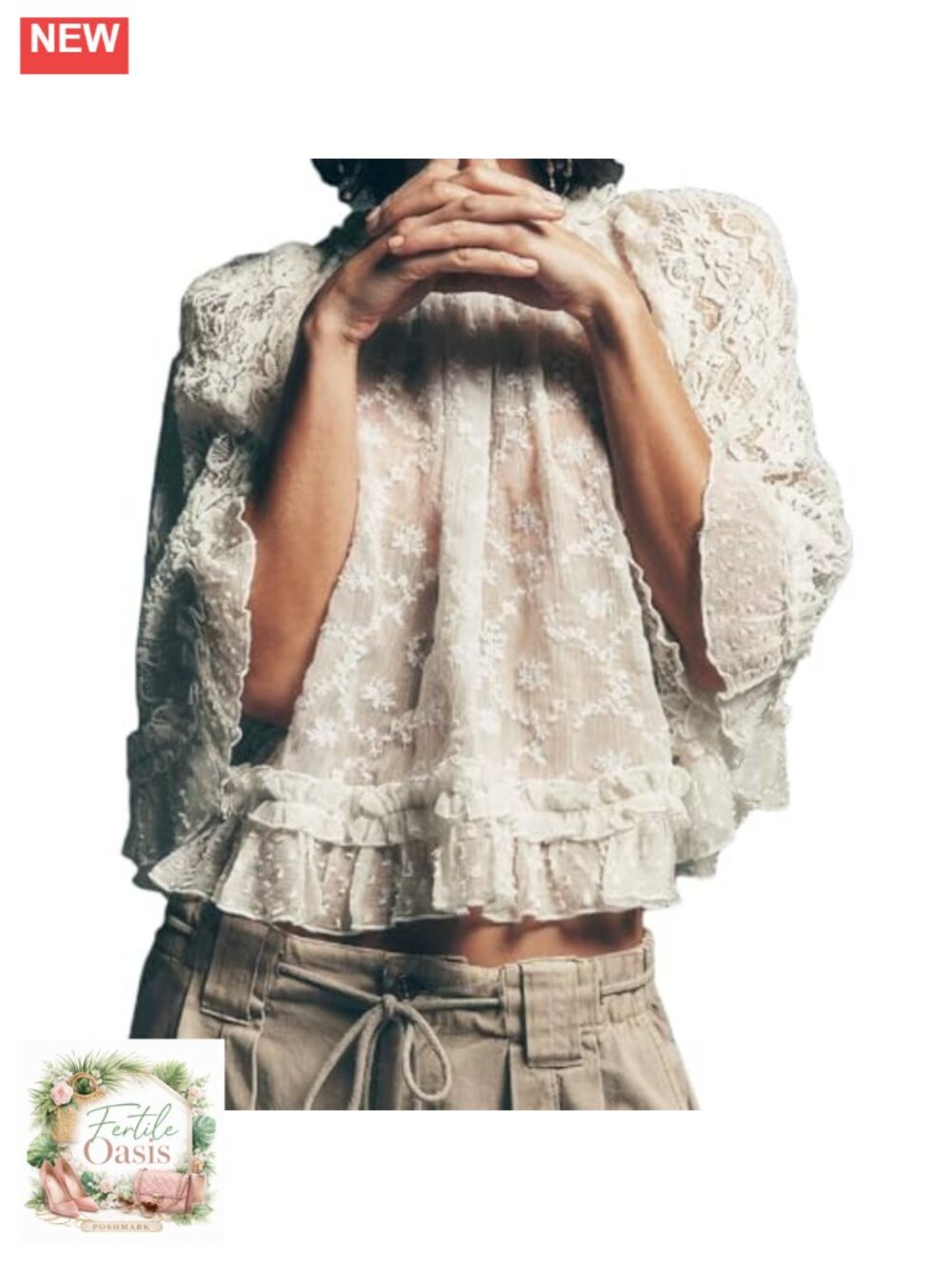 Women Boho Lace Blouse Sheer Ruffle Long Sleeve Flowy Peasant Top